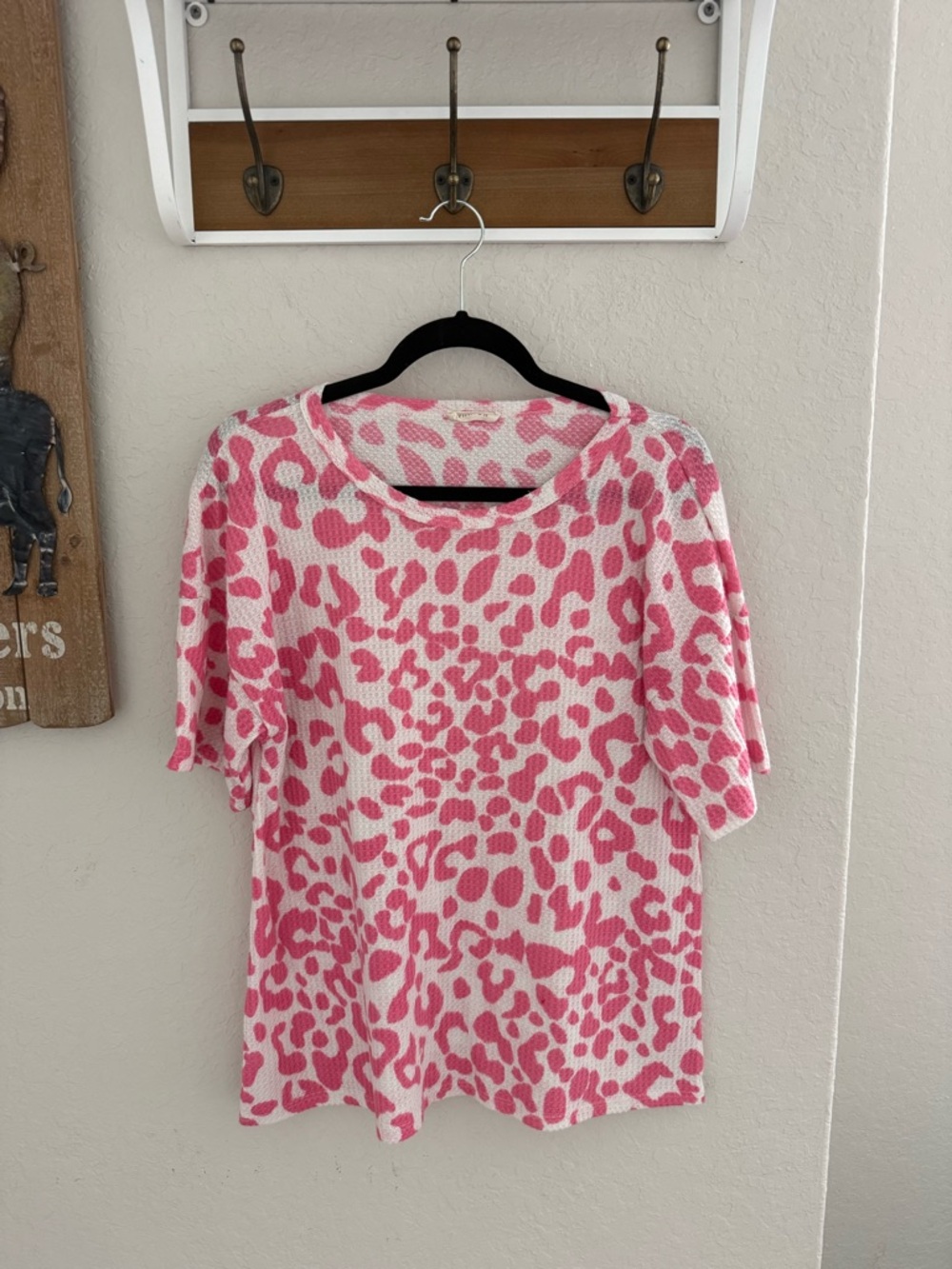 Women's Pink Leopard Print Short Sleeve Waffle Too